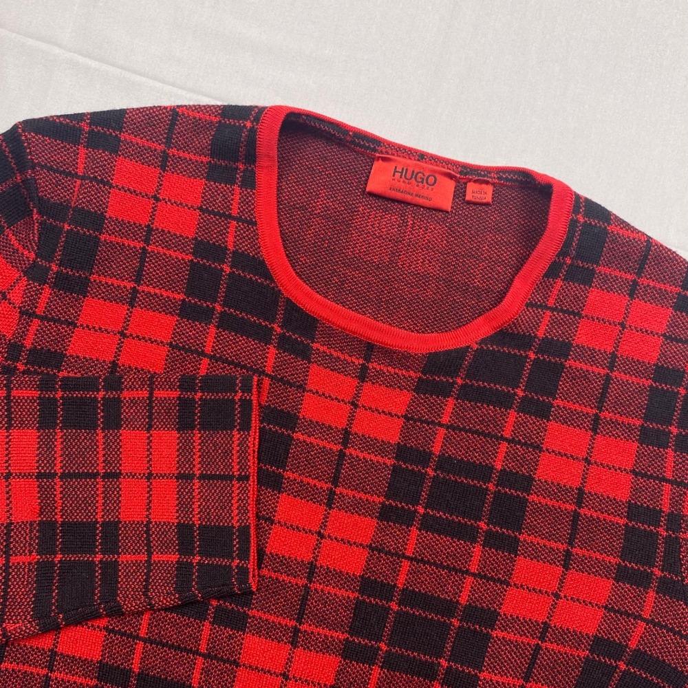 Hugo Boss Hugo Mens‎ Large Red Black Plaid Extrafine Merino Wool Knit Sweater
